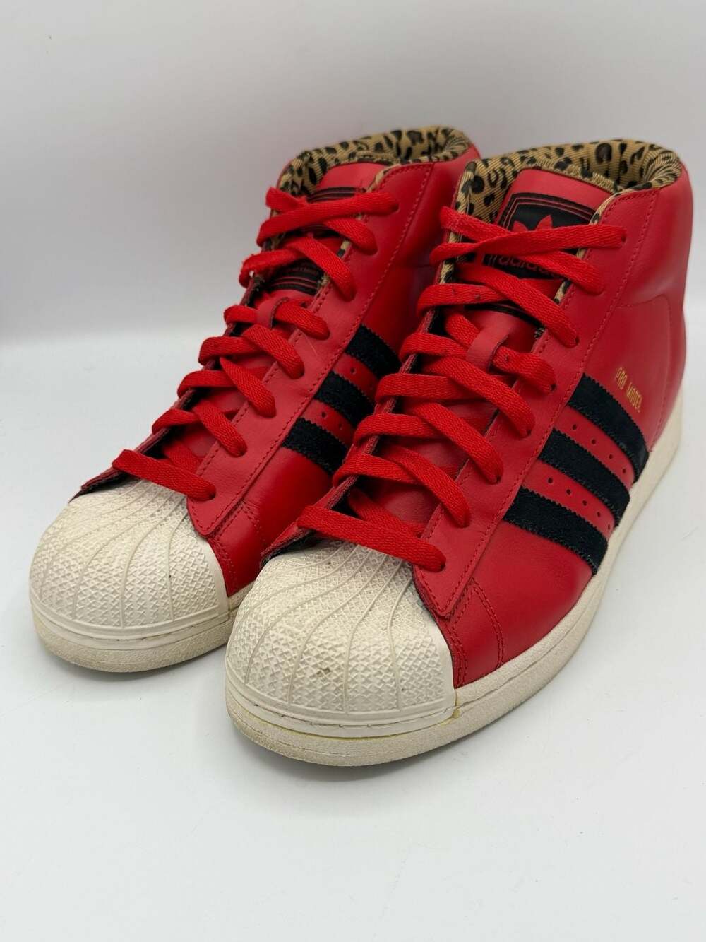 Adidas Pro Model D74392 Mens 10.5 Red Black Leopard High Top Shell Toe